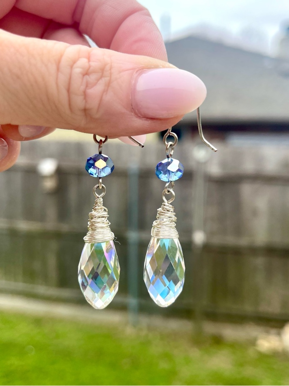 Swarovski Iridescent Teardrop Dangle Earrings with Blue Crystal Accent
